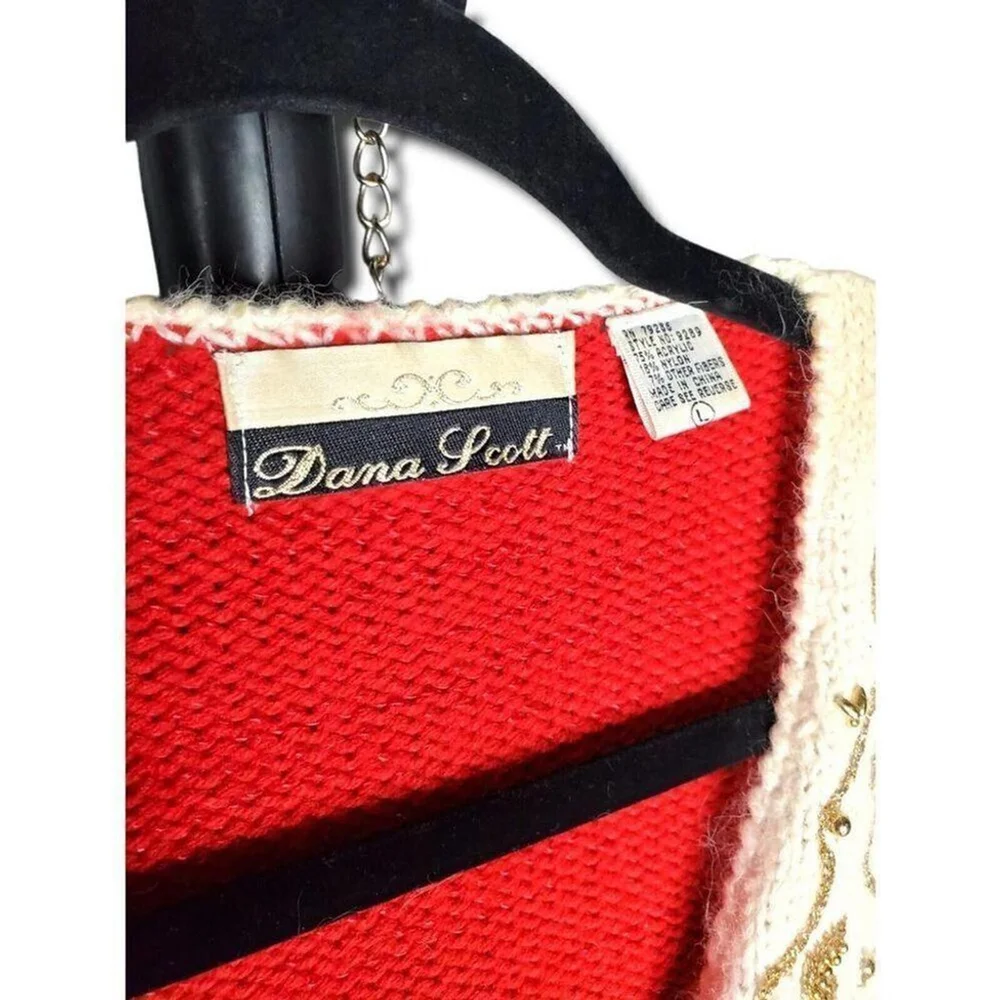 Dana Scott Vintage Women's Sweater Red Gold White V-Neck Beaded Size L - Picture 4 of 5